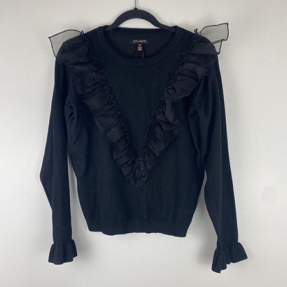 QED London Women's Pullover Ruffled Sweater Size S Black Crewneck Long Sleeve